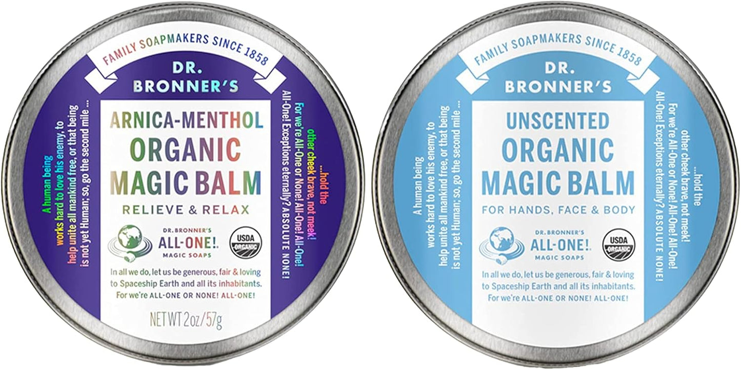 Dr. Bronner's - Organic Magic Balm (2 oz Variety Pack) Arnica-Menthol & Baby Unscented - Made with Organic Beeswax & Hemp Oil, Moisturizes and Soothes Hands, Face & Body | 2 Count