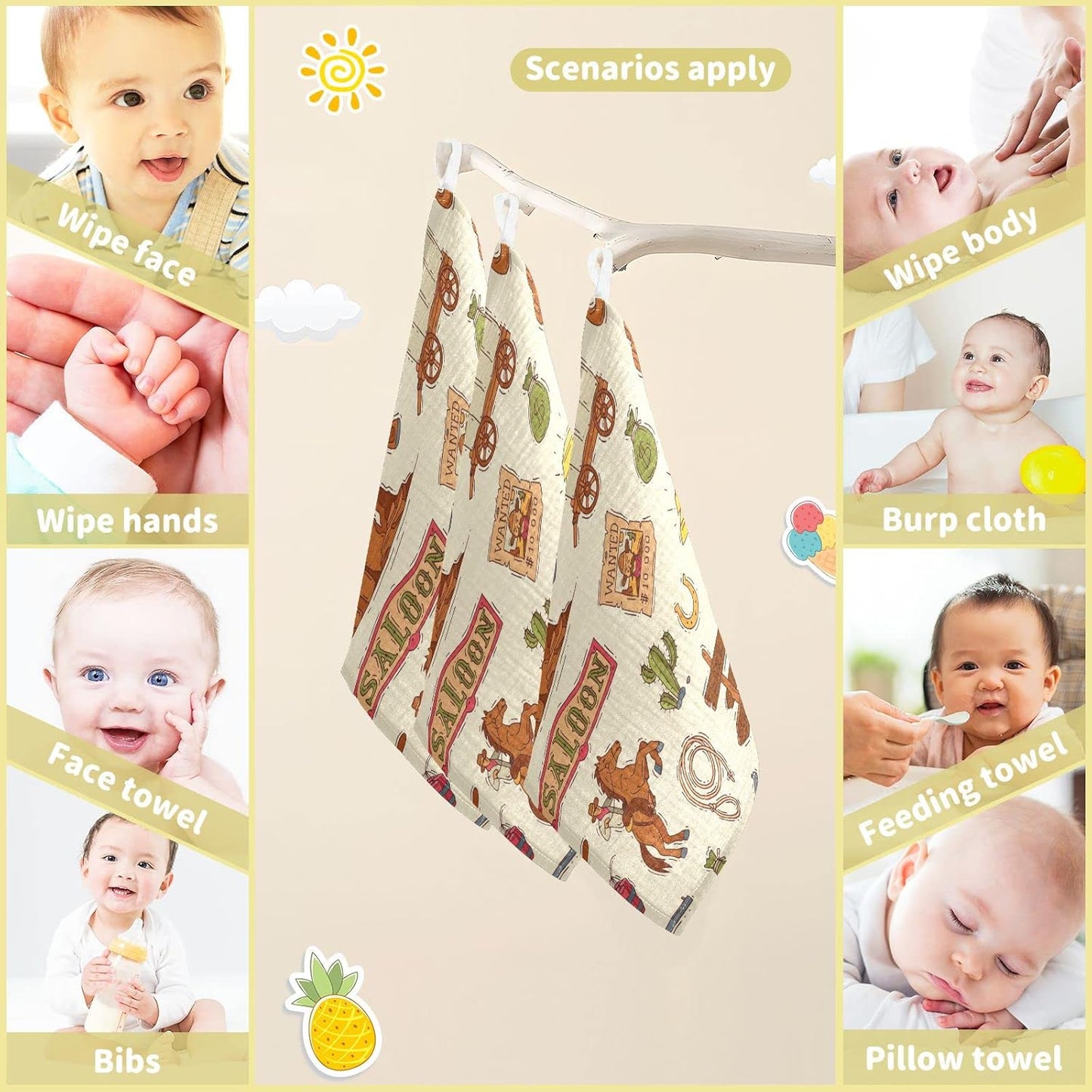 Cowboy Sheriff Baby Burp Cloths for Boys Girls, 3 Pack Wild West Western Baby Muslin Washcloths Newborn Face Bath Towel Soft Absorbent Cotton Wash Cloth Baby Registry, 12 x 12 Inch