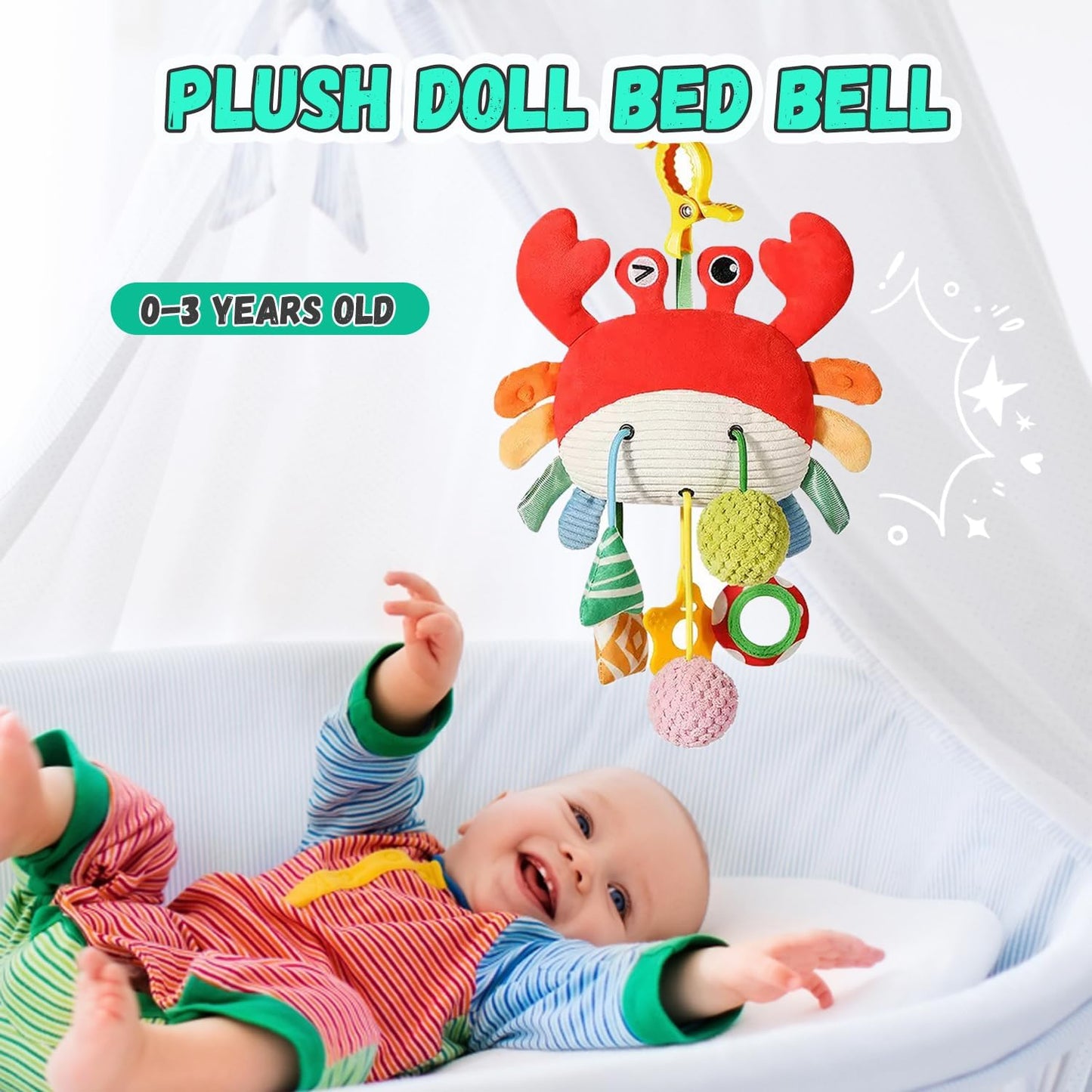 Baby Toys for 3 6 9 12 Months, Bassinet Toys for Infant & Toddlers, Crib Stroller Hanging Doll for Stimulating Baby’s Senses and Developing Motor Skills (Crab)