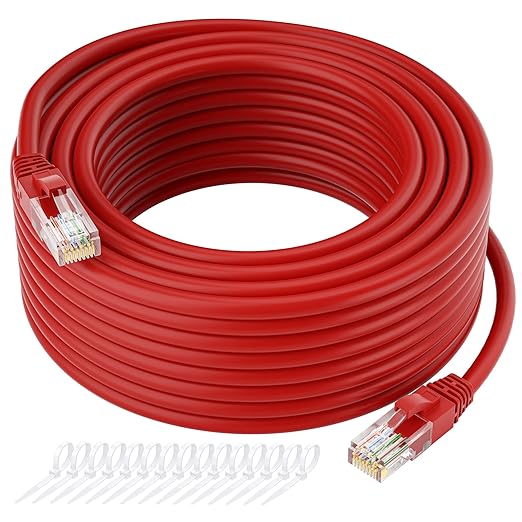 Cat5e Ethernet Cable 250 FT, Cat 5e Internet Cable, Red Snagless Patch Cord, Flexible, Network, LAN, PoE, Standard RJ45 Connector for PC, Server, Router, Modem, TV, PS5 - with 15 Cable Ties
