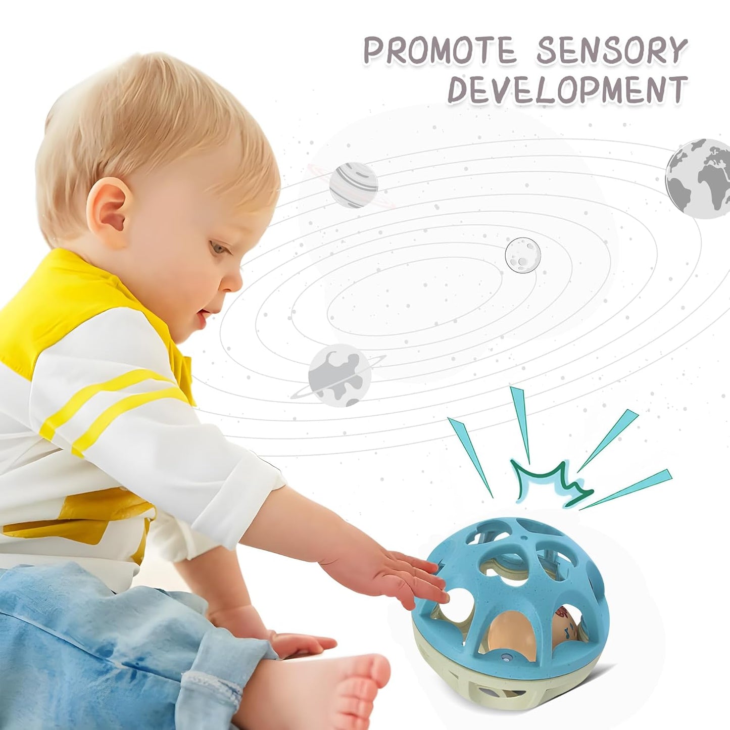 Baby Rattle Ball, Baby Teething Sensory Montessori Toys Soft Chew Toy with Rattles for Babies, Safe Wheat Straw Travel Toys Newborn Gift for Infant Boys Girls 3 6 7 8 9 10 11 12 Months