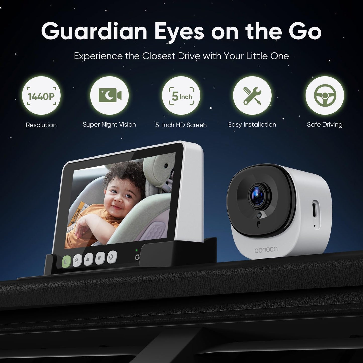 bonoch 5" 1440P Baby Car Camera - 360 Degree Rotating Wide View Backseat Rear Facing Mirror for Baby, USB Powered with Charger, Easy Setup Car Seat Monitor, Night Vision