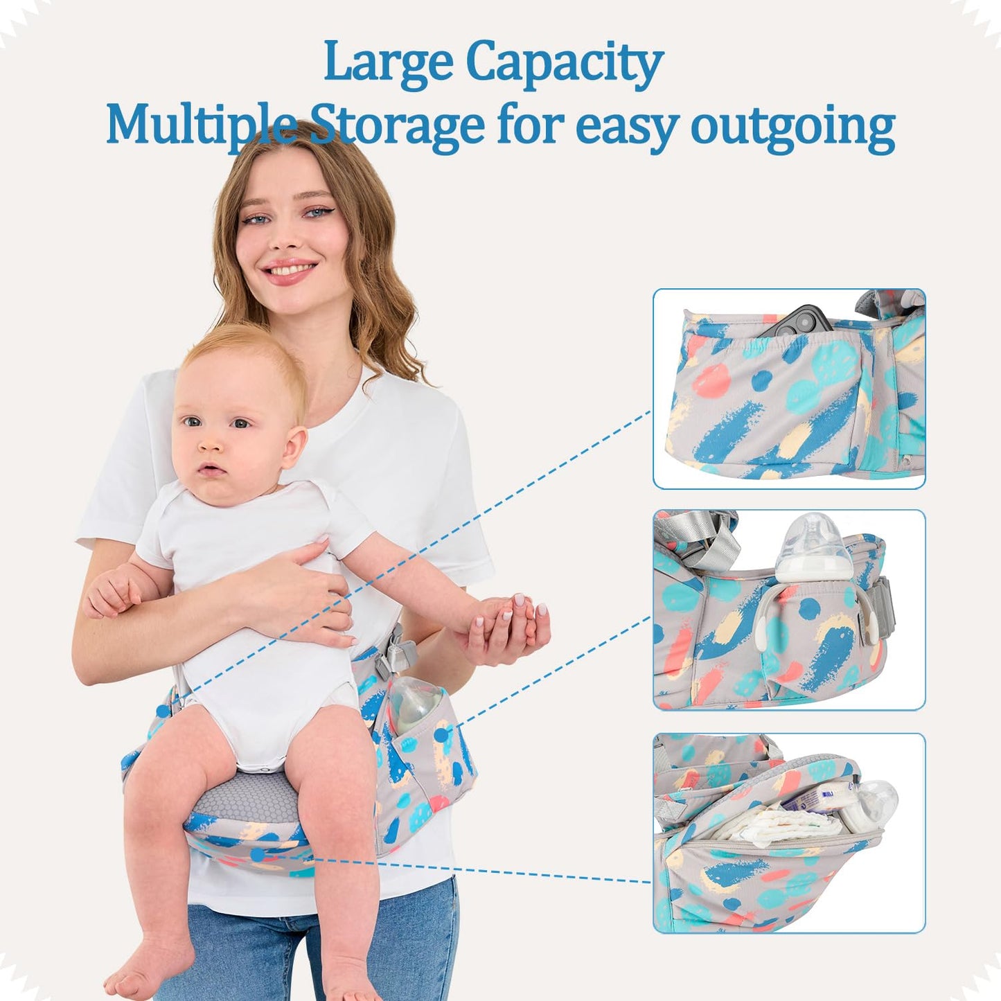 Baby Hip Seat Carrier Baby Waist Stool for Child Infant Toddler with Adjustable Strap Buckle Pocket Soft Inner Huge Storage,Light Grey