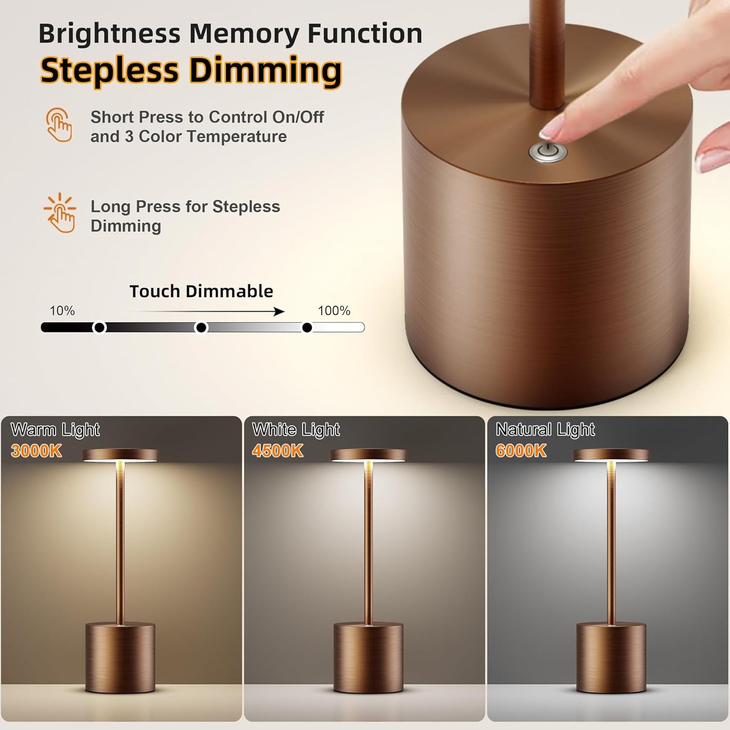 Cordless Table Lamps Rechargeable - Outdoor Portable LED Table Light 5000mAh Battery Operated Lamp 3 Color Stepless Dimming with Memory Function for Restaurant Dining Patio 2Pack Moka