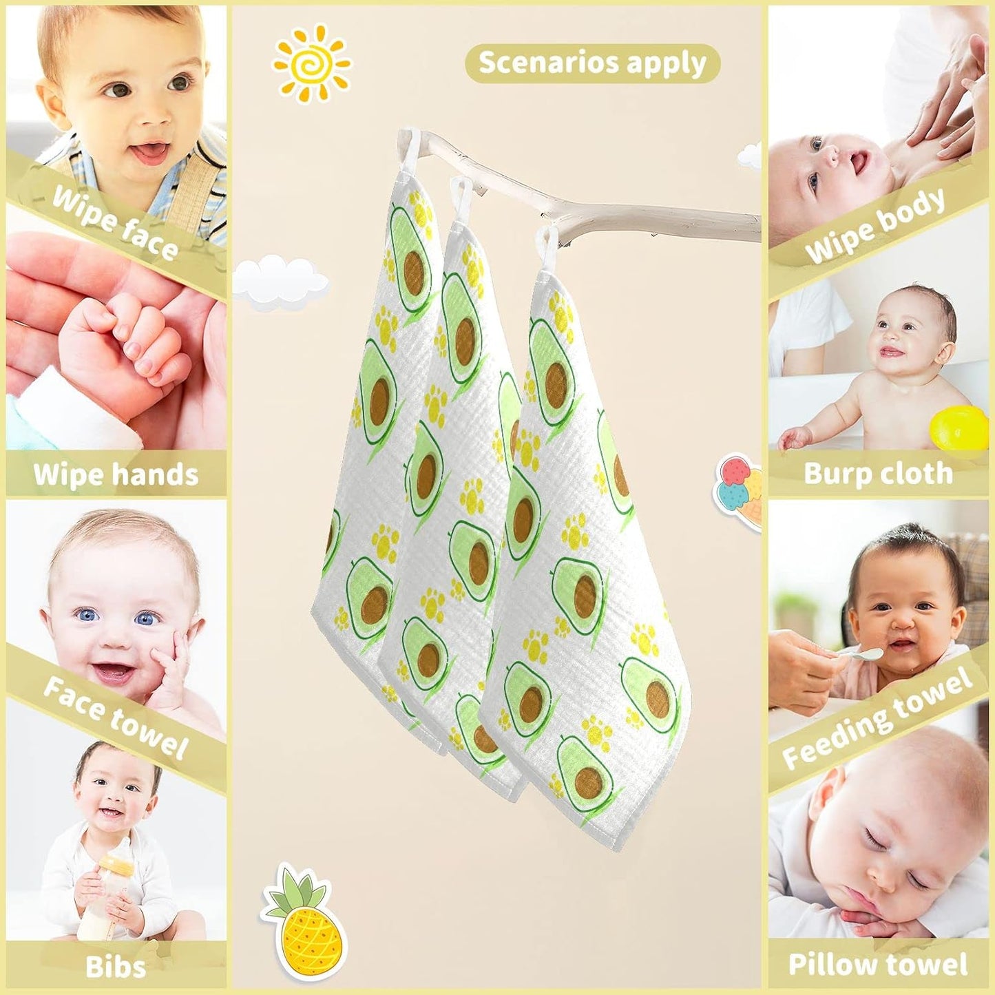 Fresh Green Avocado Baby Muslin Washcloths Paw Print Fruits Burp Cloths Soft Absorbent Baby Wash Cloth Fingertip Face Towels for Newborn Boys Girls 12 x 12 in, 5 Pack