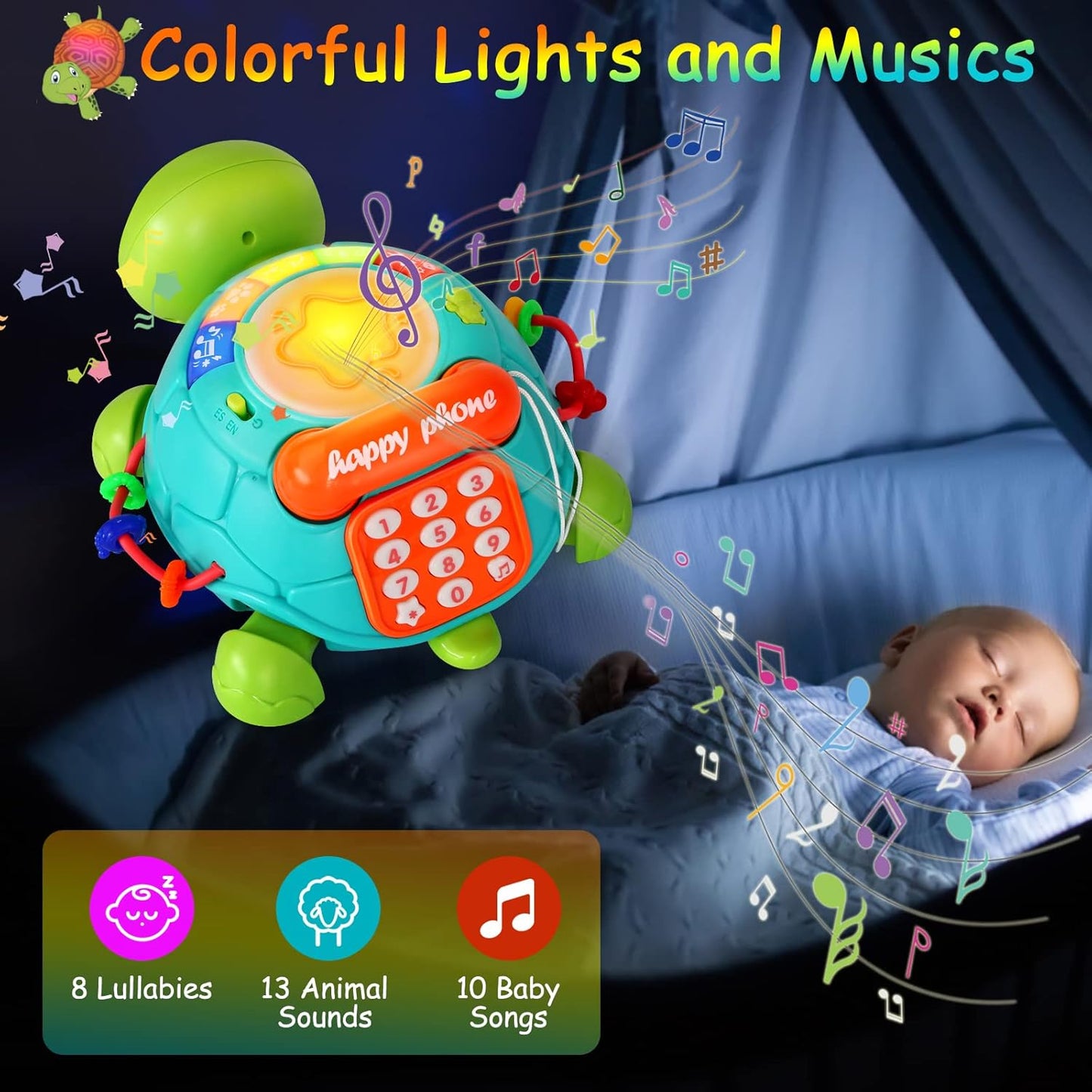 Bilingual Musical Turtle Baby Toys 6 to 12 Months, Development Toy for 6 7 8 9 Month Old Boy Girl, 8-in-1 Educational Crawling Infant Gifts, Christmas Baby Gift for 3 4 5 9-12 Mo.