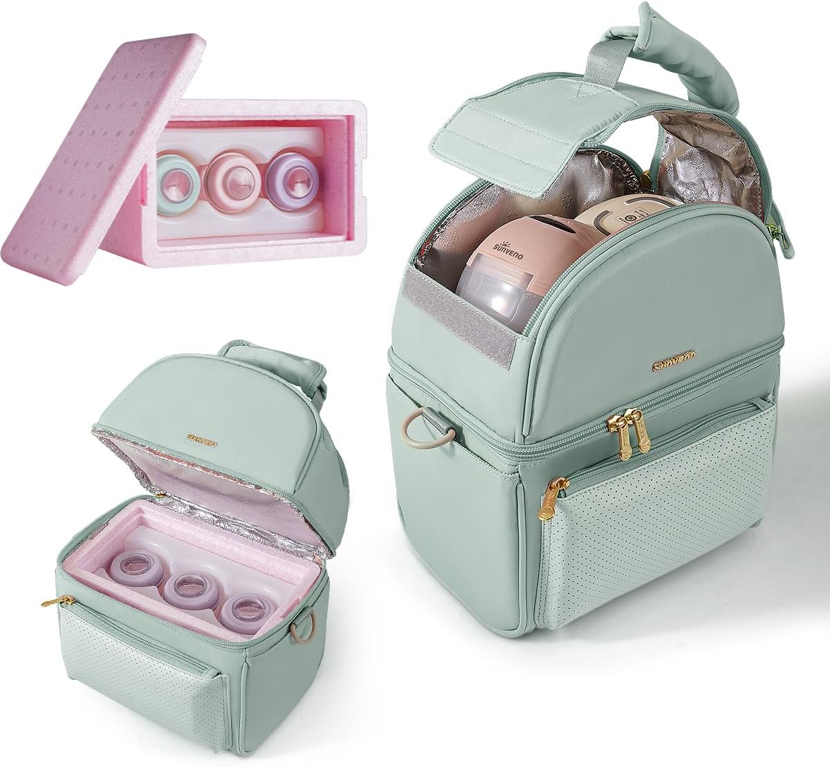 Sunveno Breastmilk Cooler Bag with 2 Ice Packs & Detachable EPP Insulation Box, 15-Hour Cold Retention Foil-Lined Leak-Proof Tote Fits 3 Baby Bottles for On-The-Go Pumping Moms, Daycare & Travel