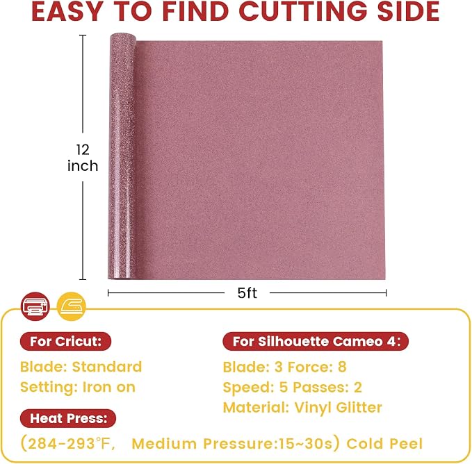 Glitter Heat Transfer Vinyl Rolls 12" x 5FT Pink