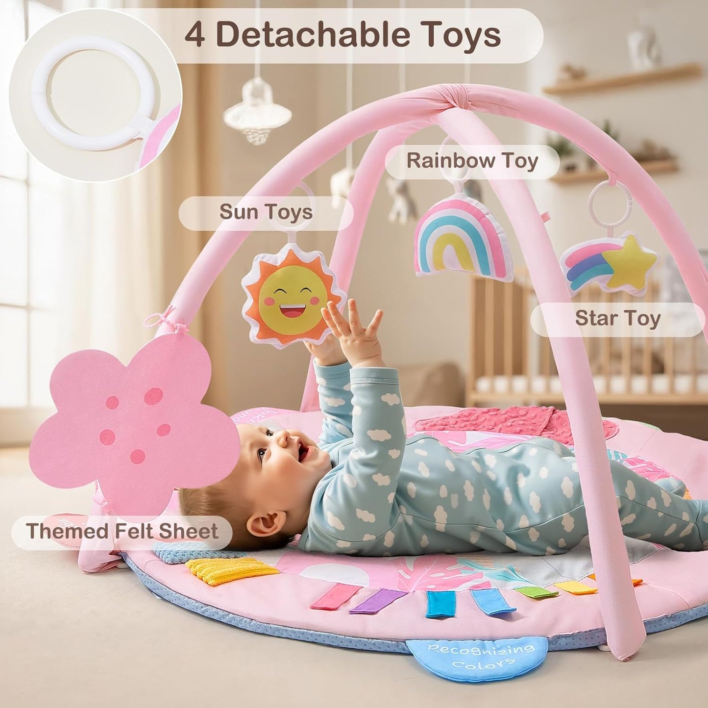 Baby Play Gym Mat Tummy Time Mat, Washable Baby Activity Play Mat for Sensory, Visual, Hearing, Touch Development, Baby Toys Shower Gift for Newborn
