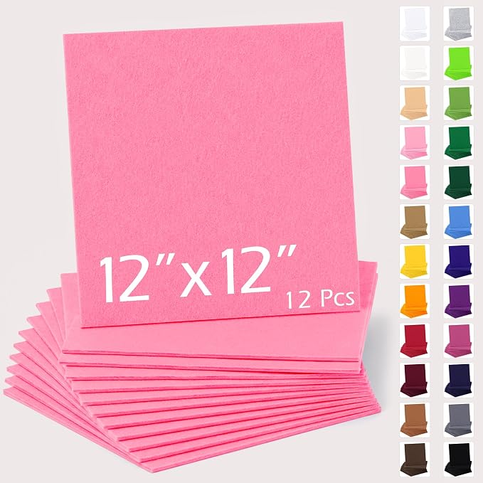 12" x 12" Felt Sheets for Crafts, 2mm Stiff Felt Fabric, Polyester Felt Squares