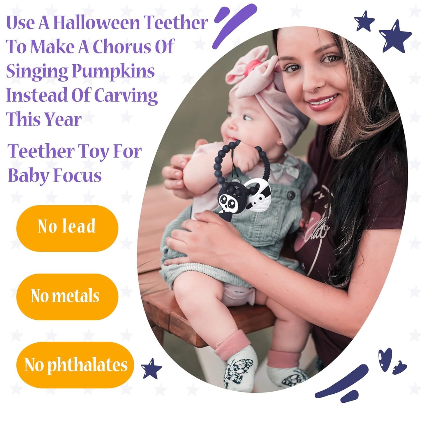 Mummy Teether and Cute Grim Reaper Ring Teether Halloween Activities Designed with a Bumpy Ring for Soothing and Ease of Grabbing