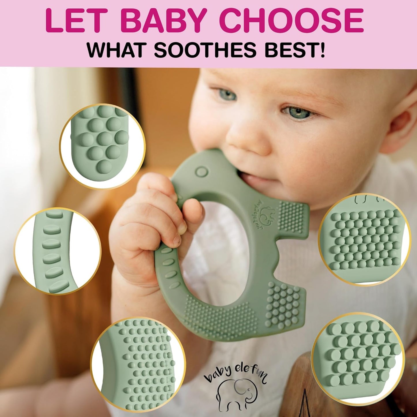 Baby Elefun Baby Teething Toys 5X Pain Relief Zero Delay 6-12 Months Olive