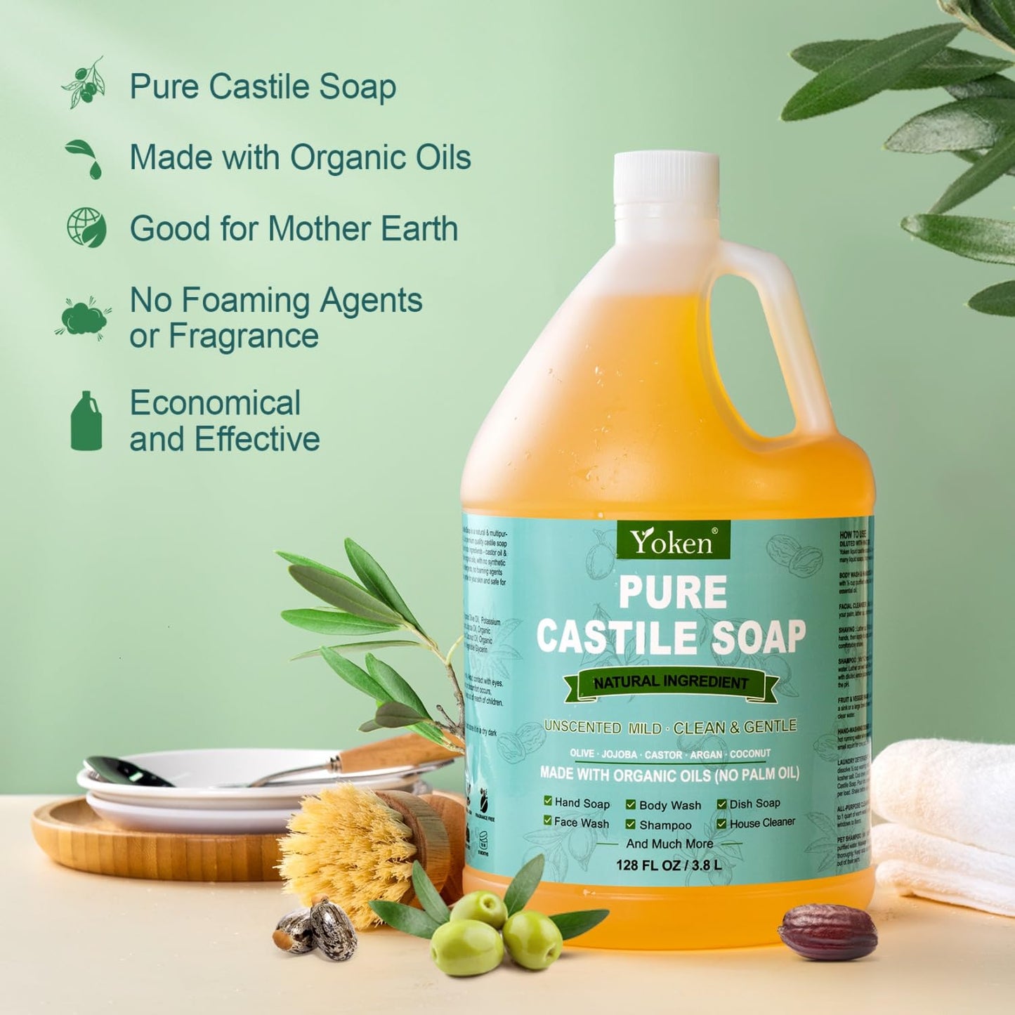 Castile Soap Liquid EWG Verified(1 Gallon, Unscented) Pure-Castile Liquid Soap for Body, Face, Hand, Pets, Laundry, Dish Soap and More - Made With Organic Oil, Vegan, Clean & Gentle, Versatile