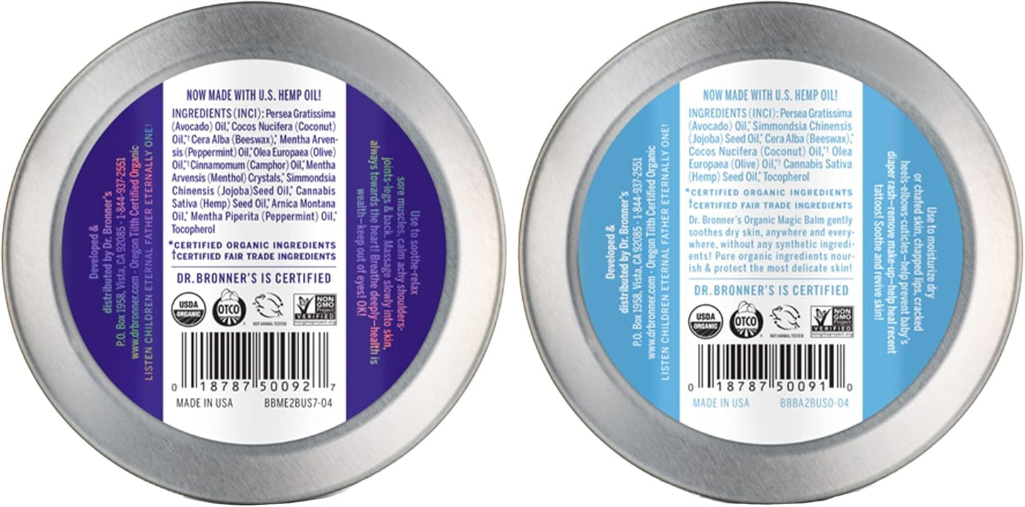 Dr. Bronner's - Organic Magic Balm (2 oz Variety Pack) Arnica-Menthol & Baby Unscented - Made with Organic Beeswax & Hemp Oil, Moisturizes and Soothes Hands, Face & Body | 2 Count