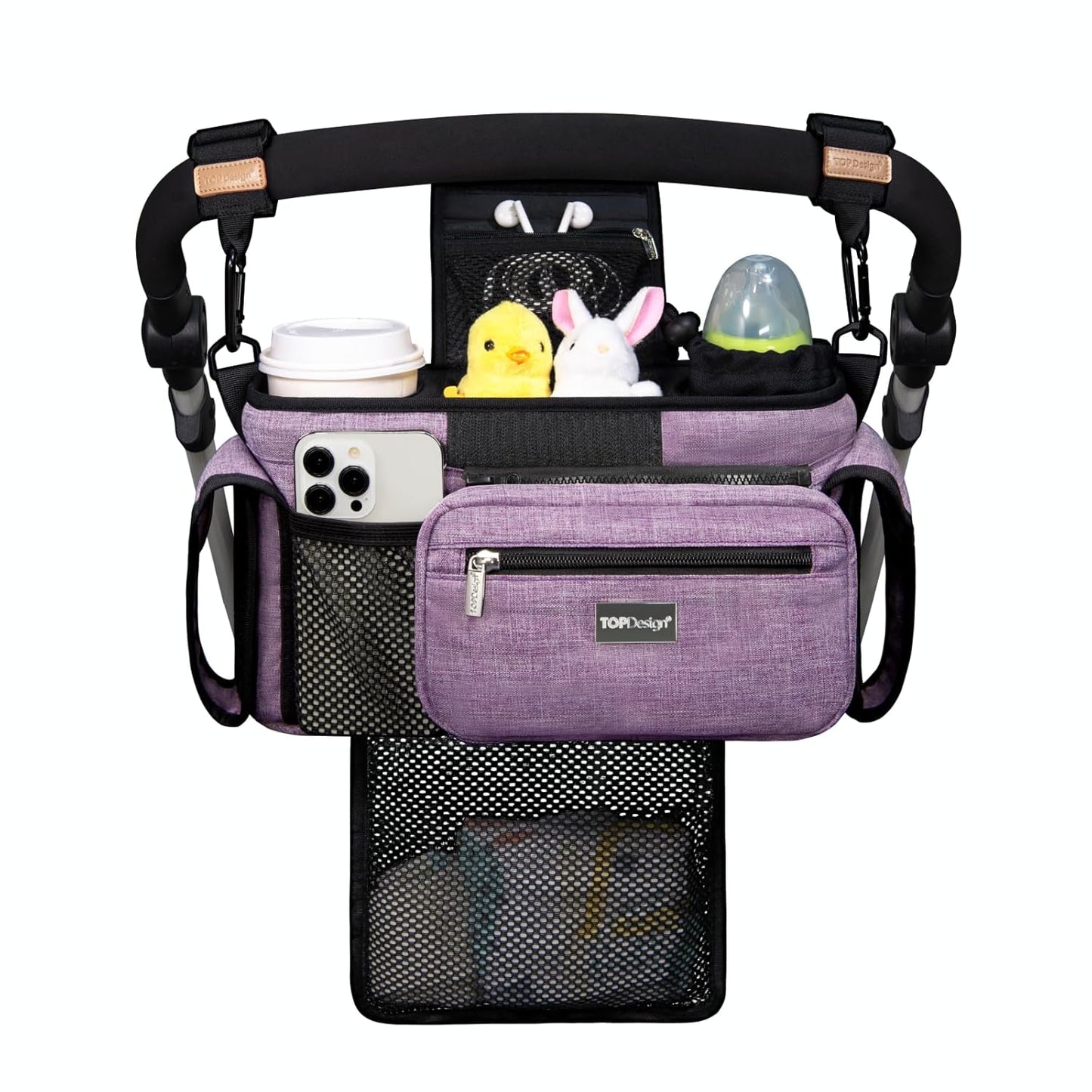 TOPDesign Universal Baby Stroller Organizer, Stroller Caddy with Detachable Mesh Bag & Heightened Insulated Cup Holders & Non-Slip Secure Hooks Accessories, Fits Most Strollers (Purple)