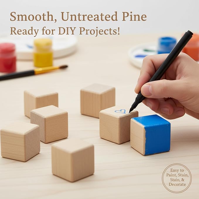 1 Inch Wood Blocks for Crafts, Unfinished Wood Cubes, Natural Blank Square