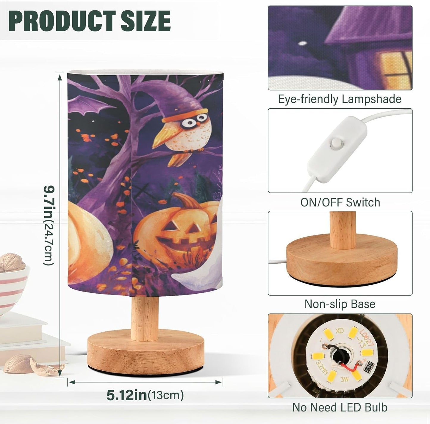 Halloween Ghost Pumpkin Table Lamp Bedroom Bedside Night Reading Desk Lamps Bat Owl Cylinder Nightstand Sleeping Light Lamp for Kids Living Room Office Decor