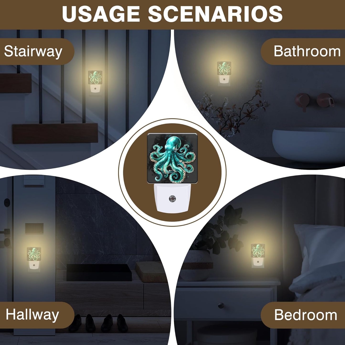 Green Octopus Night Light, Ocean Sea Animal Plug-in Nightlight with Dusk to Dawn Auto Sensor for Home Bedroom Hallway Kitchen 0.5W Sleep Friendly Led Lamp for Women Men