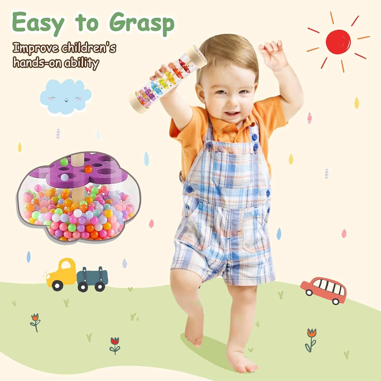 LOOIKOOS Rainmaker - 7 inch Wooden Rain Stick Montessori Toys for Babies 6-12 Months,Baby Rattle Shaker Sensory Developmental Toy,Raindrops Musical Instrument Baby Musical Toys for Baby 6 7 8 9