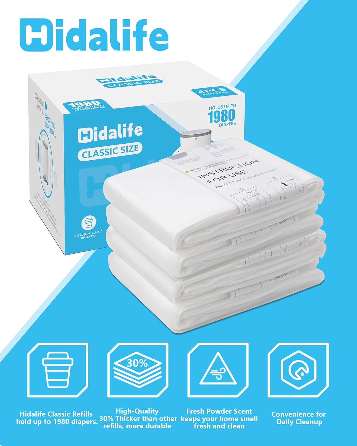 HIDALIFE Refills Compatible with Dekor Classic Diaper Pails, Disposable Diaper Trash Bags, Extra Thick Diaper Pail Refill Liners, Hold Up to 1980 Diapers (4 Pack)