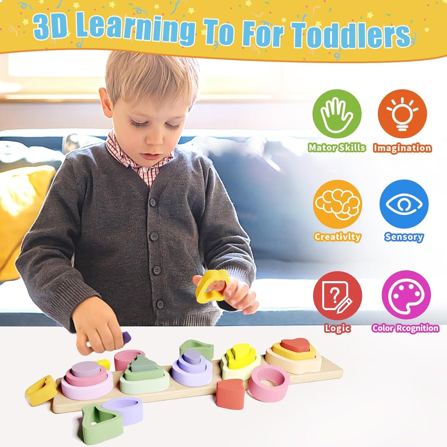 Montessori Toys for 1 2 3 Year Old Boys Girls - Wooden Sorting & Stacking Toys for Kids - Toddler Toys Age 1-3 - Shape Sorter and Color Stacker Preschool Kids Gifts