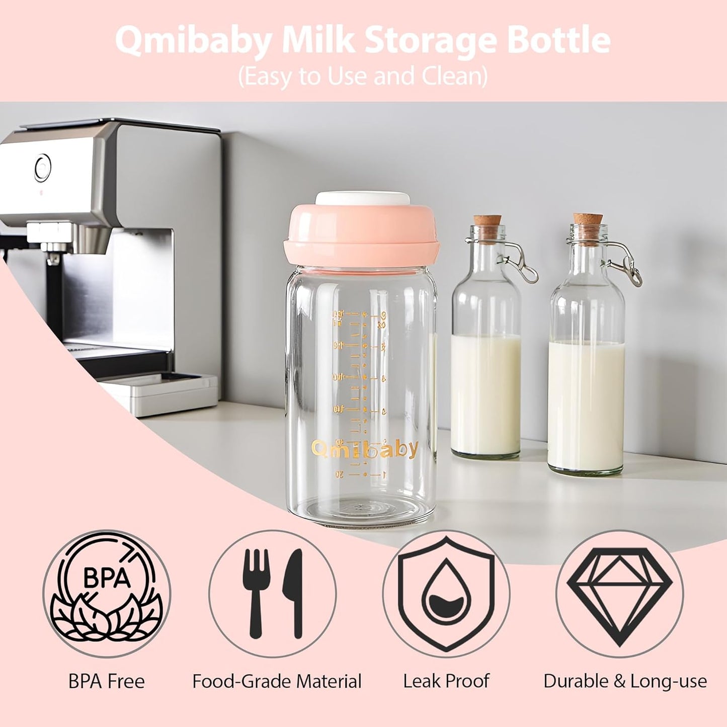 Breast Milk Storage Bottles 180ml 6oz BPA-Free Leak-Proof Nautral Baby Bottle for Breastmilk Storage Wide Neck Bottles with Screw Ring Sealing Disk Breastfeeding (Pink, 180ml-2Packs)