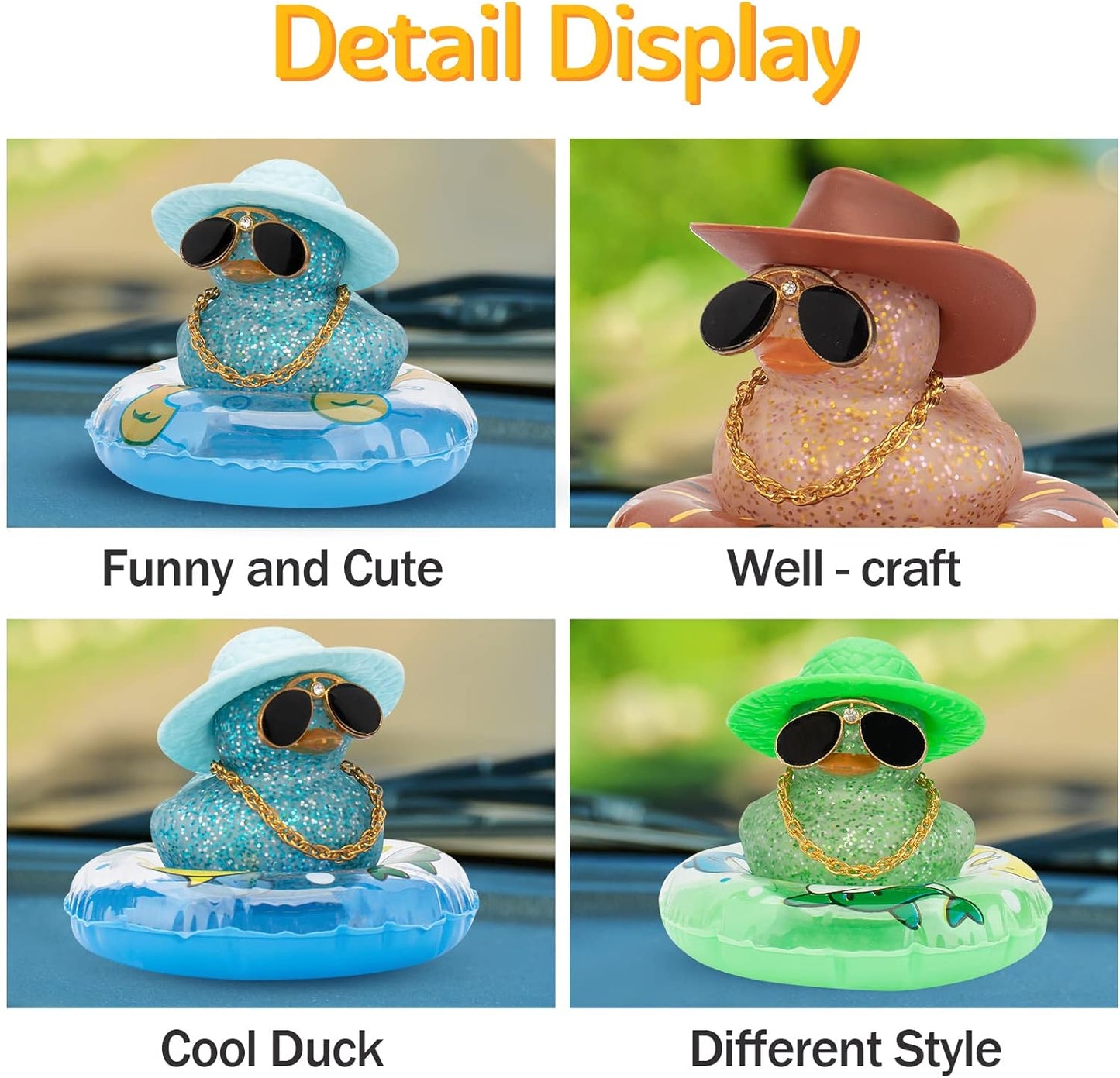 wonuu 2Pcs Car Dashboard Decorations Color Ducks, Rubber Duck for Car Ornament Accessories with Mini Hat Sunglasses Necklace and Swim Ring, A_Black&Brown Duck+Black Spots Cowboy&Brown Cowboy