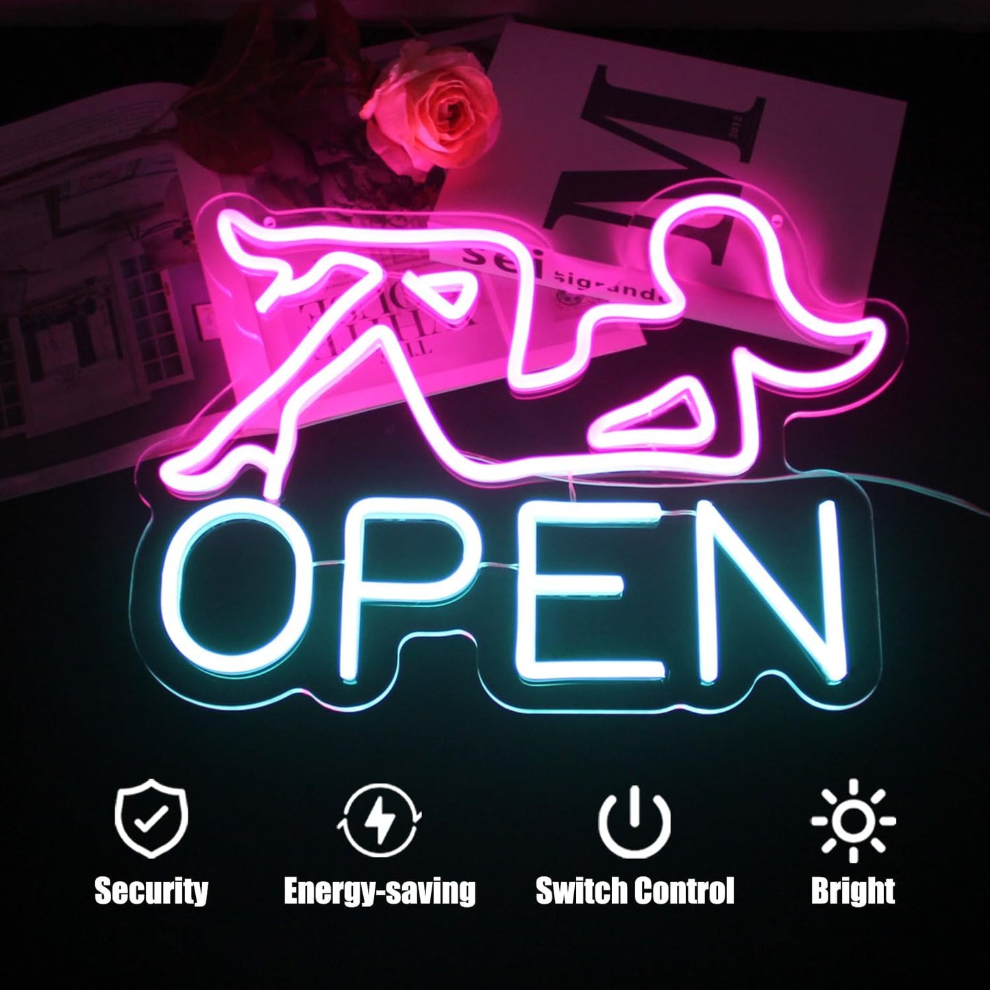 Open Neon Sign Bar LED Sign Pink Lady Neon Signs for Wall Decor Blue Letter Neon Light Up Sign for Bar Restaurant Hotel Shop Club Decor Party Sign Wall Art USB Powered