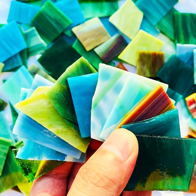 Broken Stained Glass Scraps Mixed Green Colors, Irregular Stained Glass Sheets
