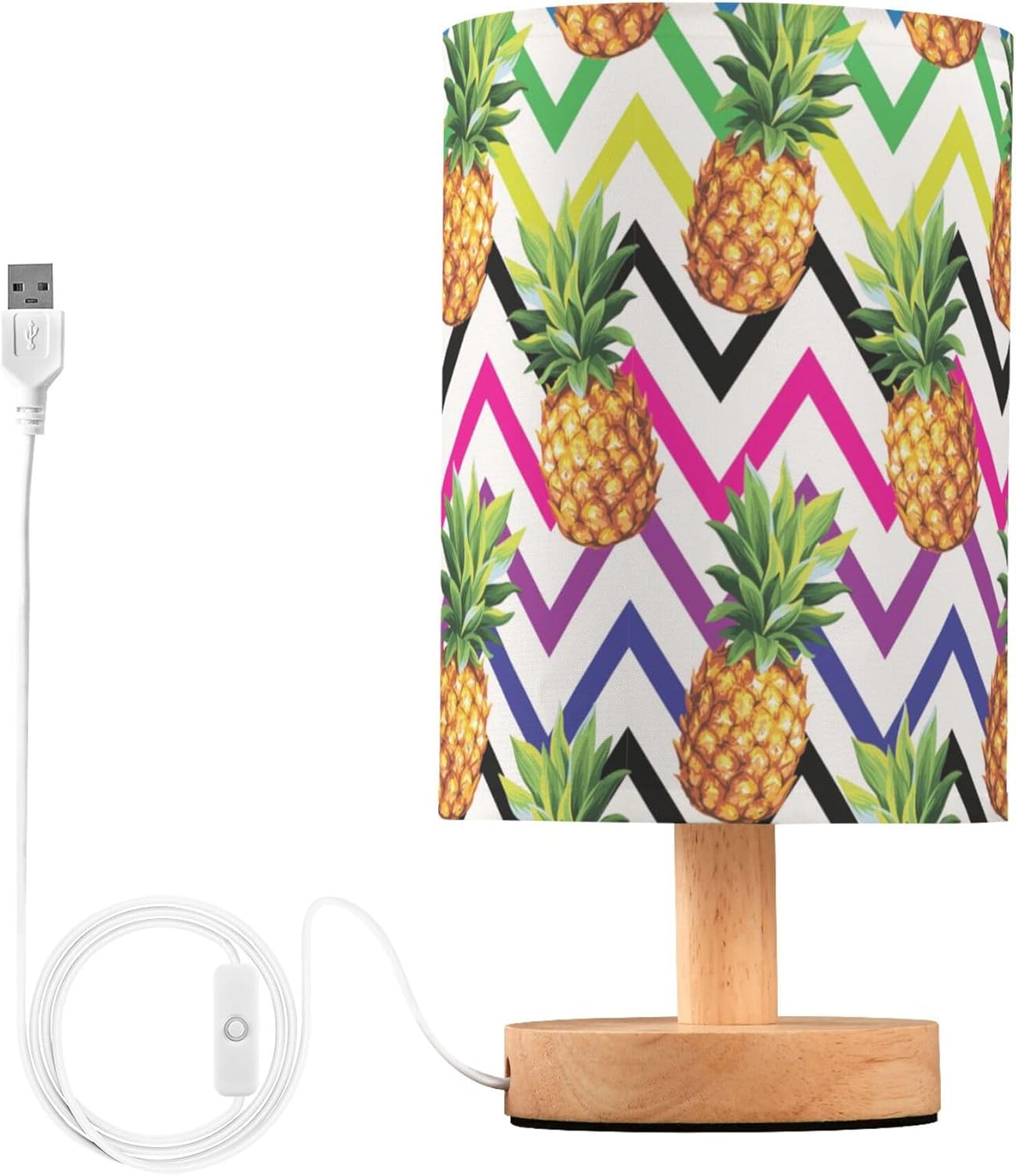 Table Lamp Pineapple Fruit Colorful Geometric Chevron Nightstand Lamp with Wood Base Fabric Lamp Shade Bedside Desk Lamp for Living Room Bedroom Kids Room Office