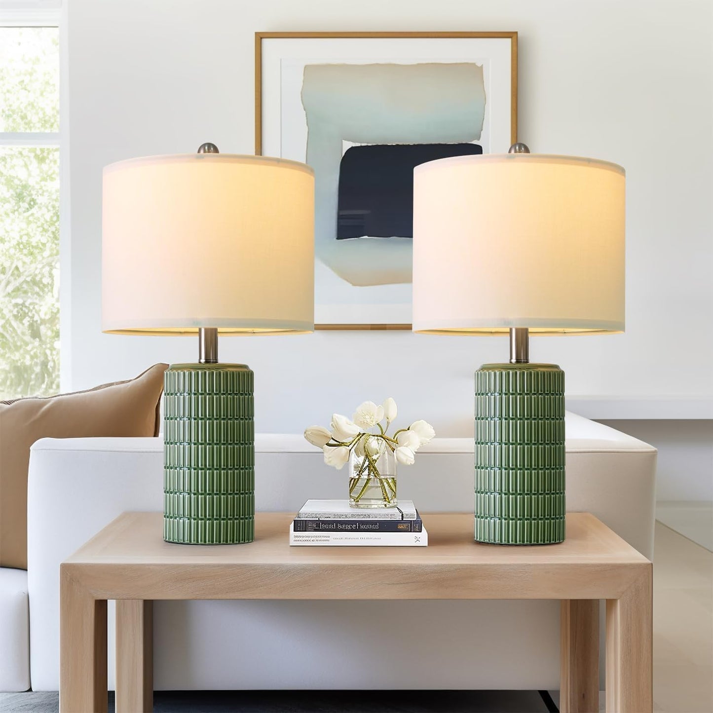 PoKat 20.75" Small Modern Ceramic Table Lamps Set of 2 for Bedroom, Green Bedside Lamps for Night Stands, Farmhouse House Decor Nightstand Table Lamps for Living Room End Table Green