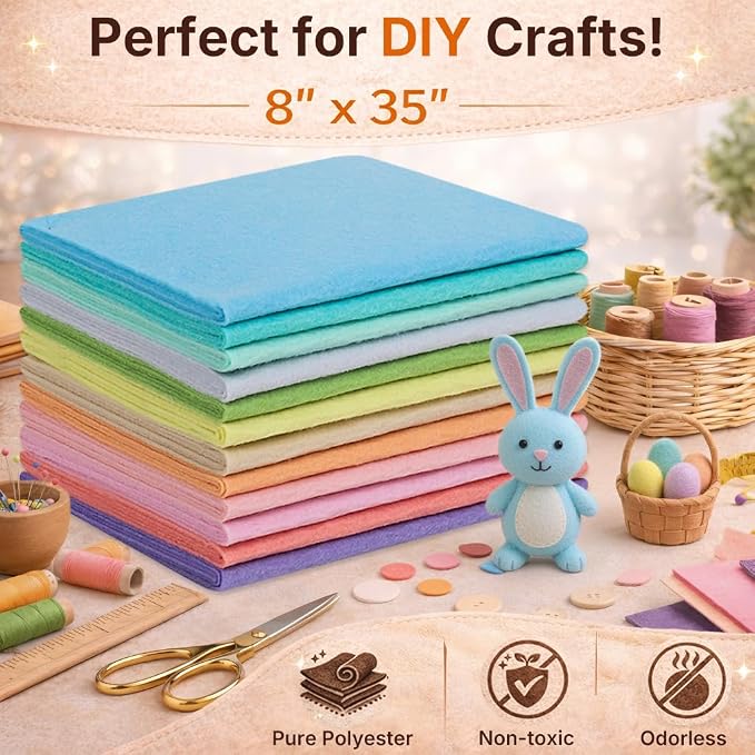 Large Stiff Felt Sheets 8"x35" – 12 Assorted Colors Felt Fabric Bundle Pack