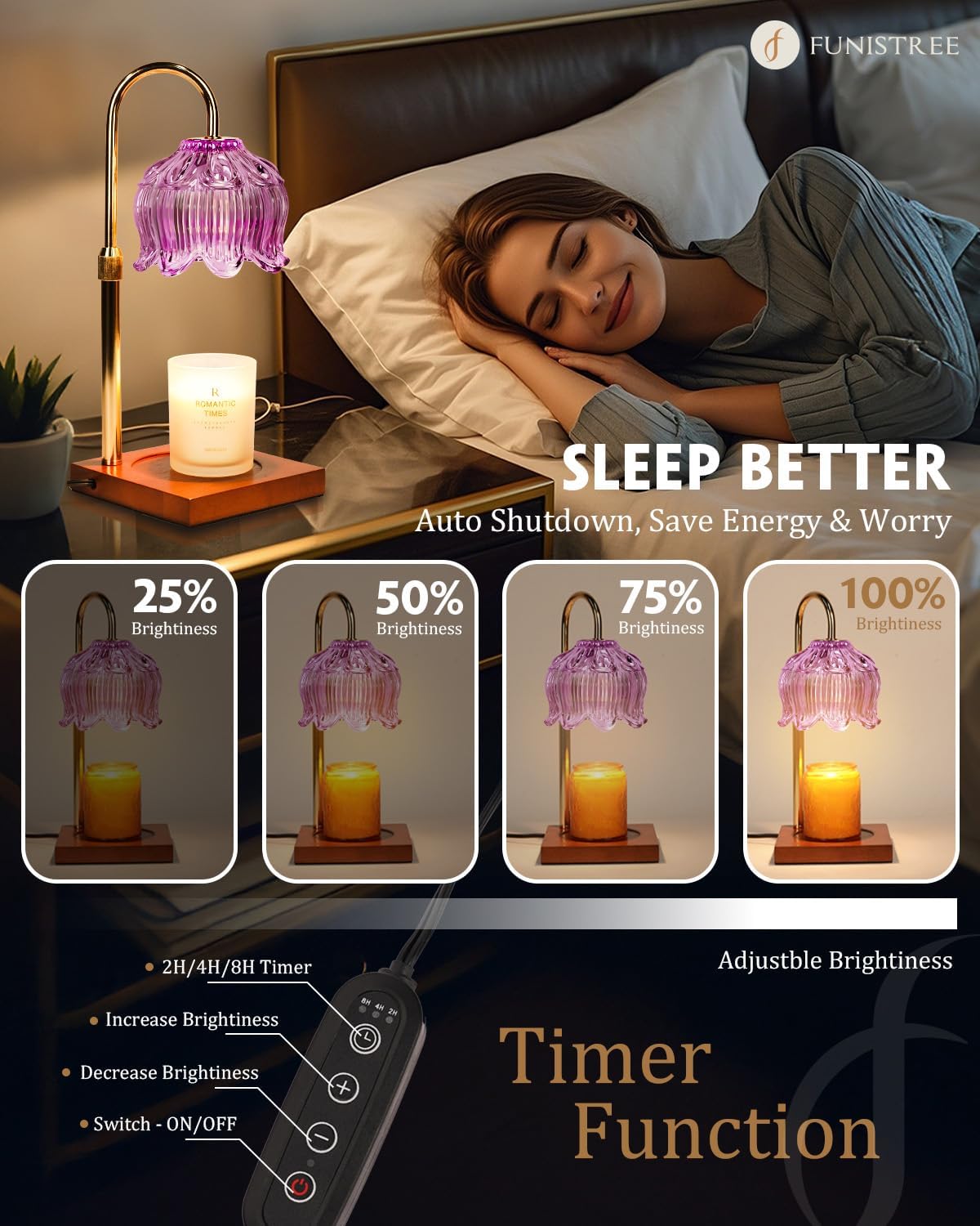 Purple Candle Warmer Lamp with Timer & Dimmer, Candle Lamp Warmer Adjustable Height, Gifts for Women Mom Birthday Christmas, House Warming New Home Bedroom Decor, Flower Wax Warmer for Jar Candles