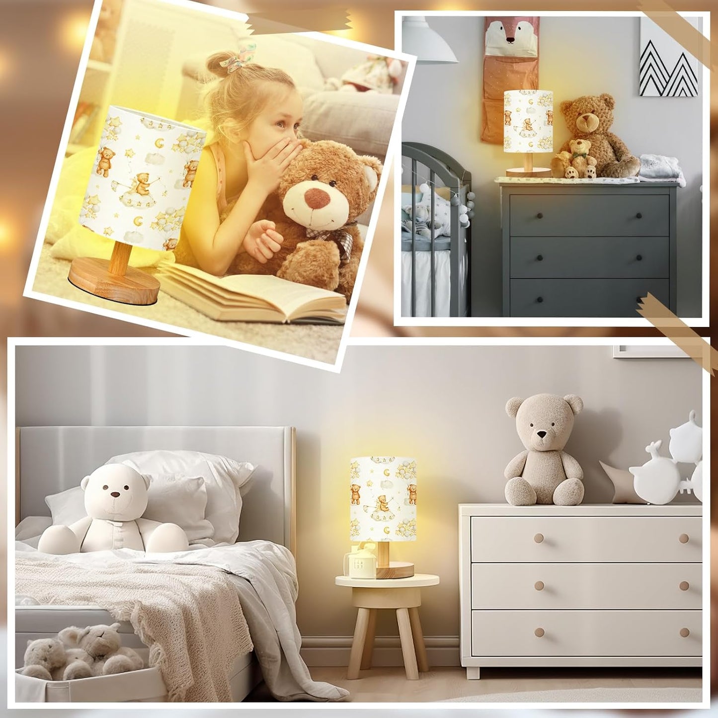 VIHOSE Bear Kids Table Lamp for Bedroom Kids Bedside Lamp with Linen Wooden Nightstand Cartoon Nursery Lampshade for Girls Boys Living Room