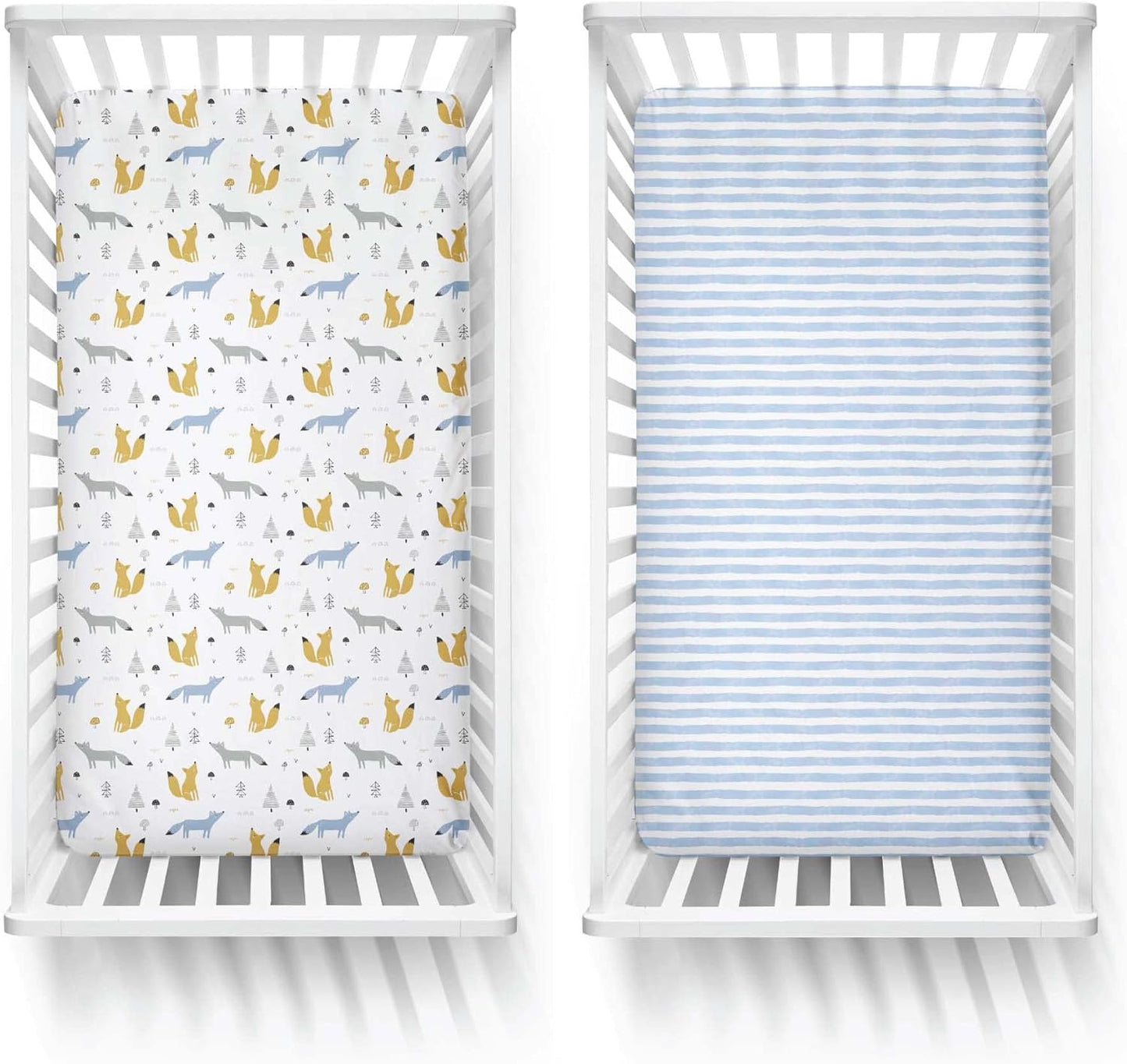 Featherhead™ 2-Pack Fitted Crib Sheets - 100% Cotton - 52" x 28" x 9" for Standard Crib and Toddler Mattress (Jersey Blue Foxes)