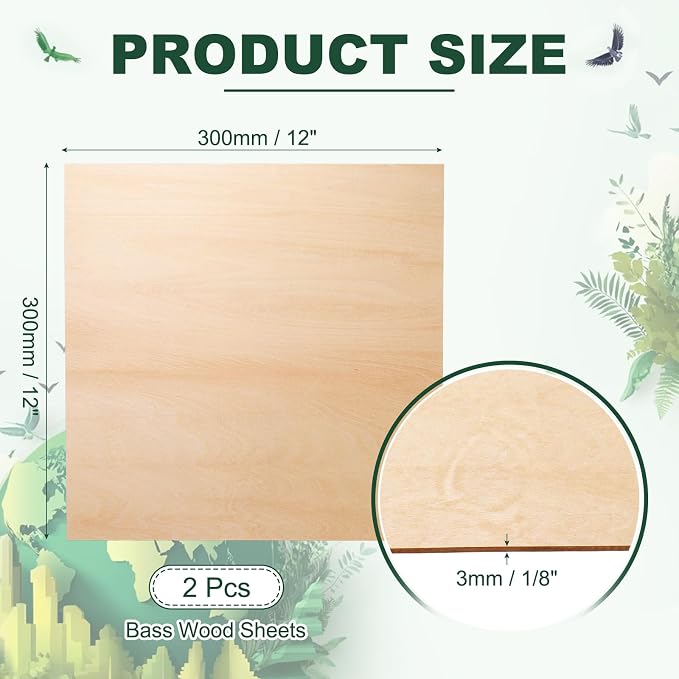 HARFINGTON 2pcs 3mm Basswood Plywood Sheets 12" x 12" x 1/8" Thin Unfinished