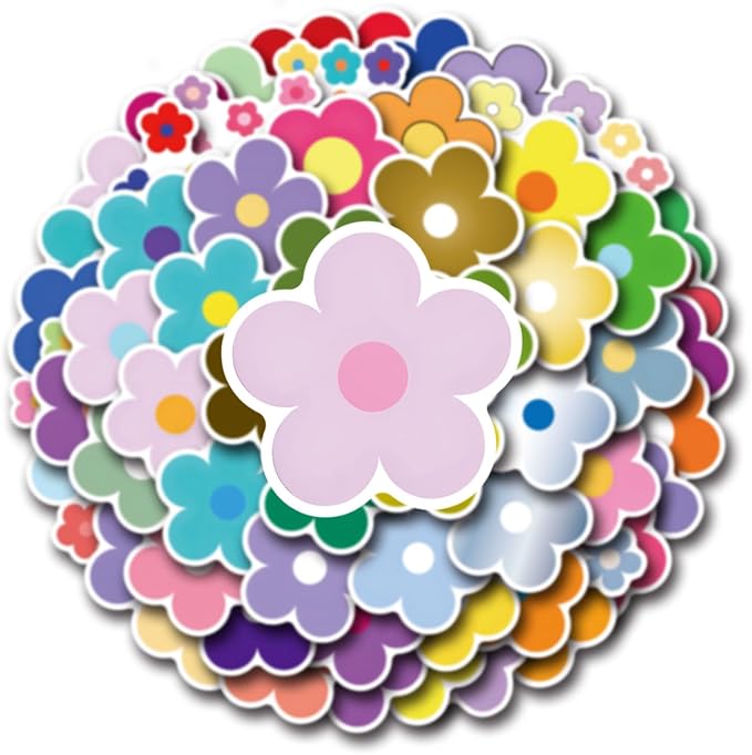 62PCS Colorful Flower Stickers, Waterproof PVC Vinyl Cute Floral Decals