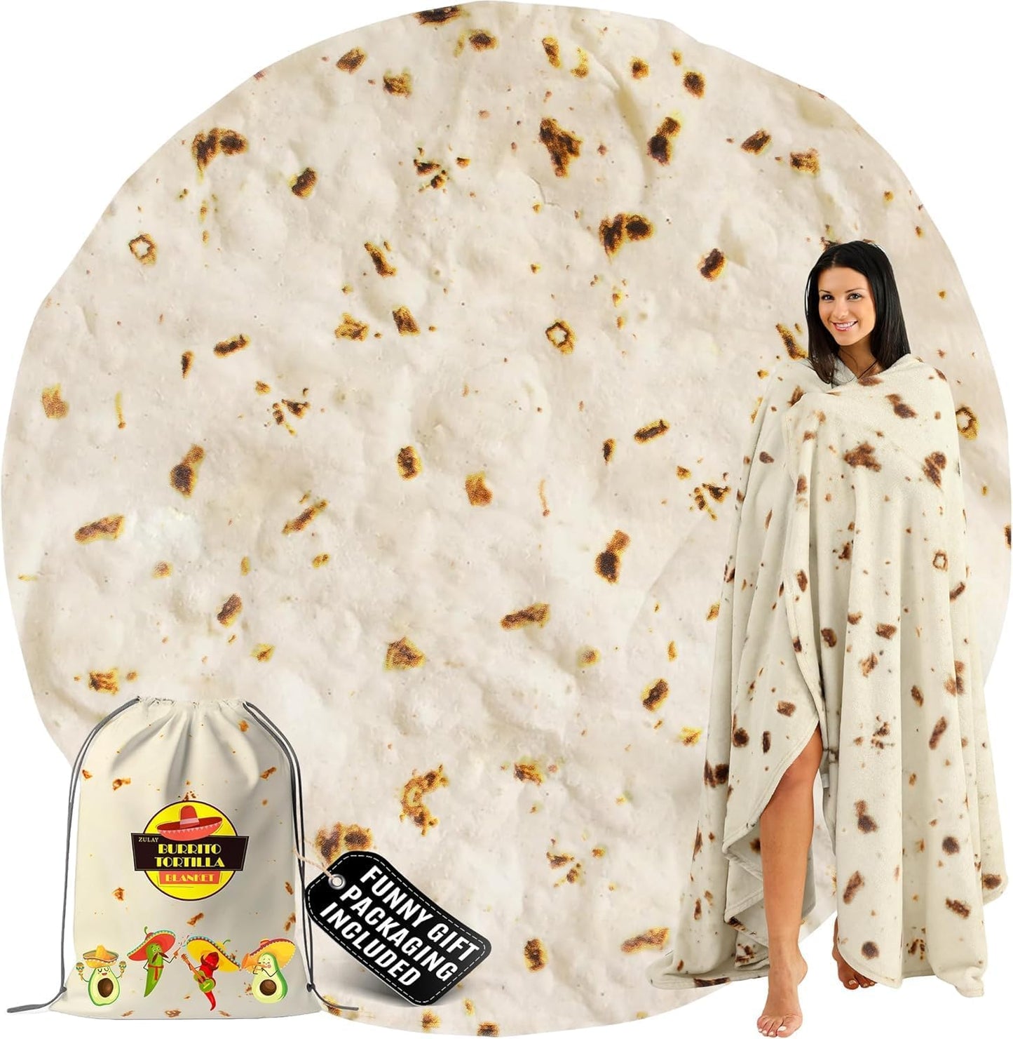 Zulay Giant Double Sided Tortilla Blanket with Drawstring Bag - Novelty Blanket for Adults & Kids - Soft Flannel Round Tortilla for Indoors, Outdoors, Travel, Home, 285 GSM - 60 Inches
