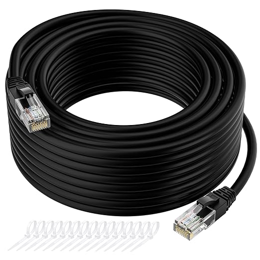 Cat5e Ethernet Cable 25 FT, Long Cat 5e Internet Cable, Black Snagless Patch Cord, Flexible, Network, LAN, PoE, Standard RJ45 Connector for PC, Server, Router, Modem, TV, PS5 - with 15 Cable Ties