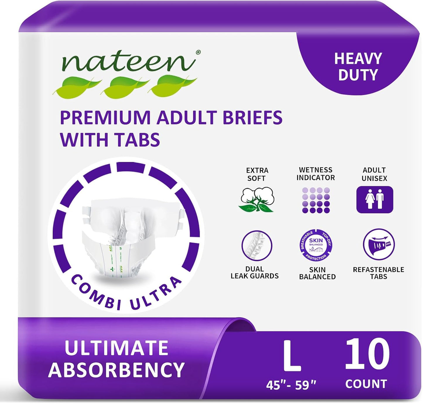 Nateen Combi Ultra Adult Diapers with Tabs for Women and Men, Ultimate Absorbency Protective Incontinence Briefs, Heavy Duty, Leakproof and Skin-Friendly Incontinence Underwear.Large, 10Count