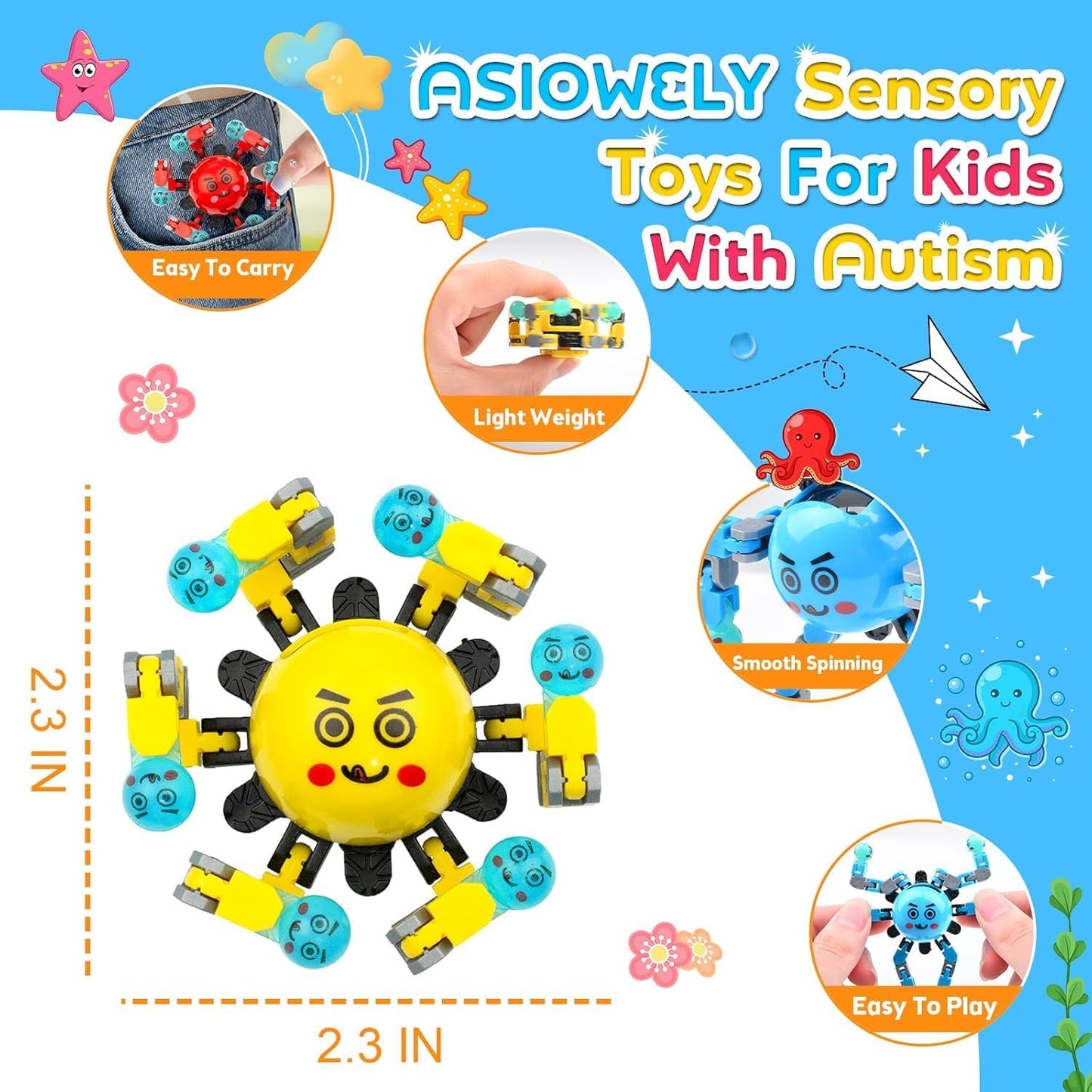 Transformable Fidget Spinner Toys for Kids and Adults,3 PCS Finger Sensory Toy for Boys Girls Autism ADHD Relief,Gifts for Chrismas Birthdays Party Favors for Teens Travel Stocking Stuffers