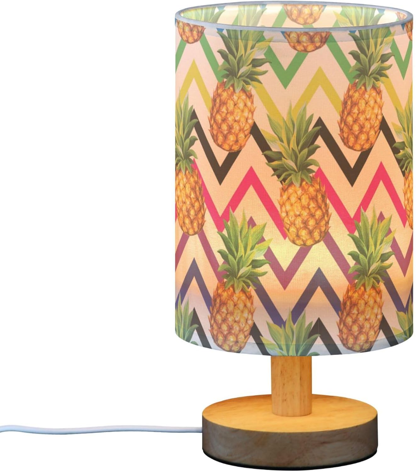 Table Lamp Pineapple Fruit Colorful Geometric Chevron Nightstand Lamp with Wood Base Fabric Lamp Shade Bedside Desk Lamp for Living Room Bedroom Kids Room Office