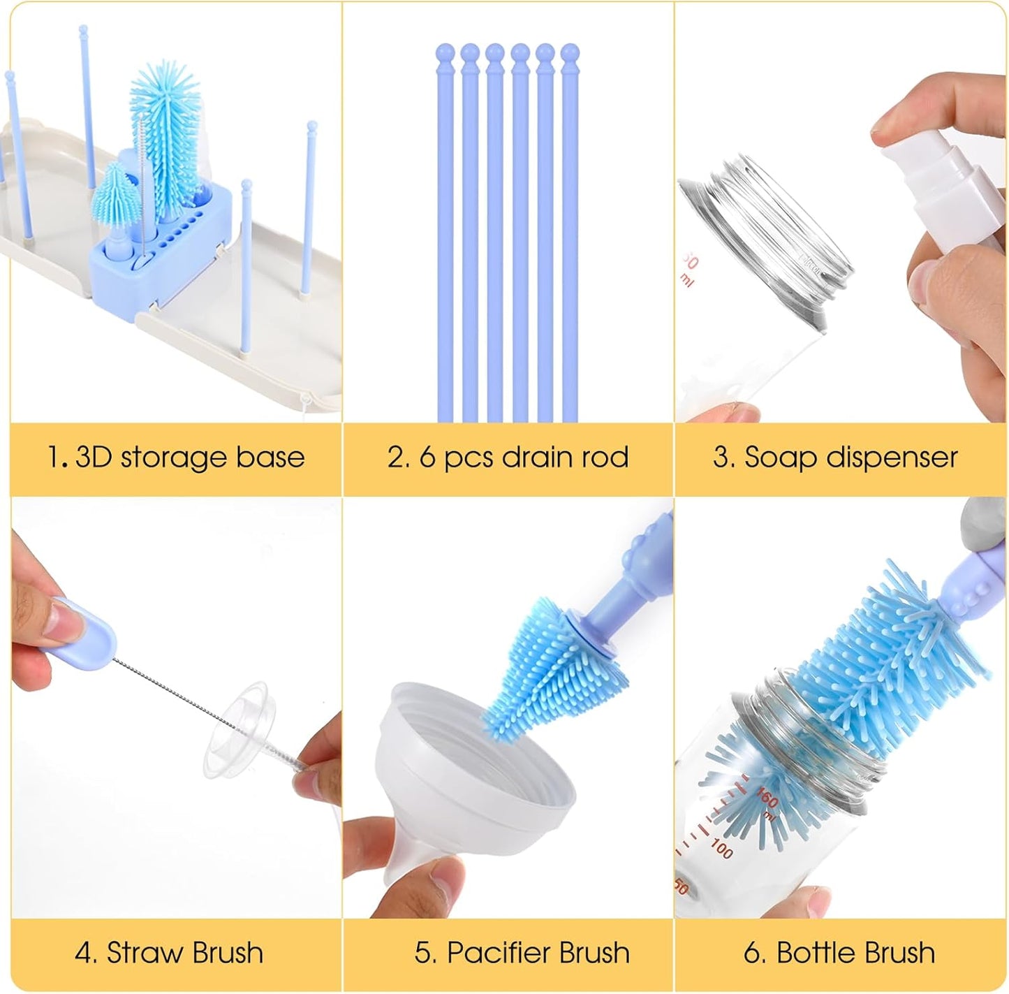 Portable Baby Bottle Brush Set, 7-in-1 Travel Baby Bottle Cleaning Kit, Portable Bottle Washing Kit with Silicone Bottle Brush, Nipple Brush, Straw Brush, Drying Rack for Home and Travel (Blue)