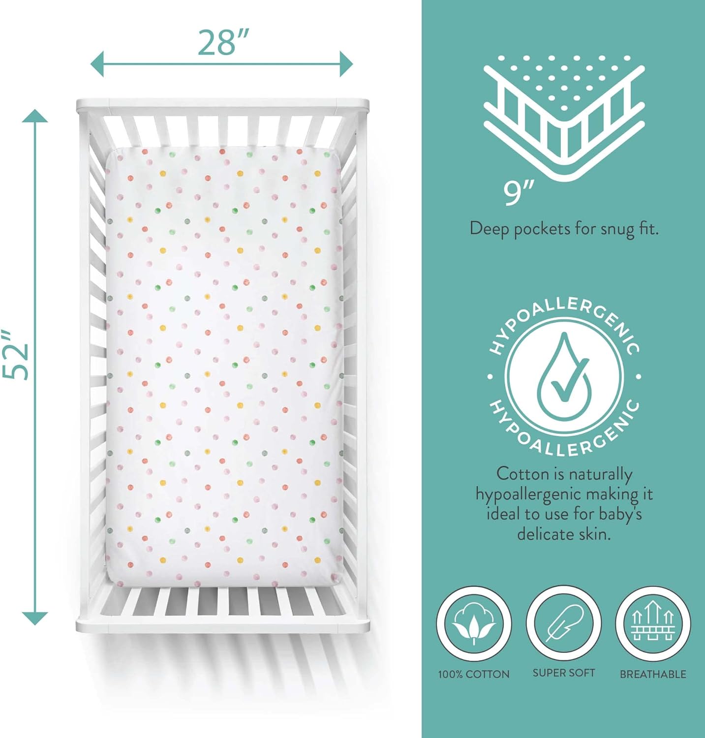 Featherhead™ 2-Pack Fitted Crib Sheets - 100% Cotton - 52" x 28" x 9" for Standard Crib and Toddler Mattress (Jersey Pink Polka)
