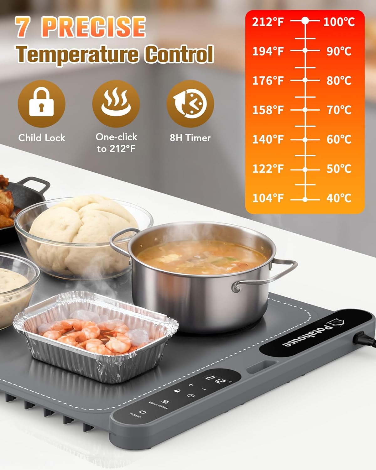 Food Warming Mat, 5s Fast Heating,Electric Warming Tray with 7 Temp 8 Timer Settings,Rollable & Portable Food Warmer for Parties,Buffet,Home and Travel Use, 23"x15"