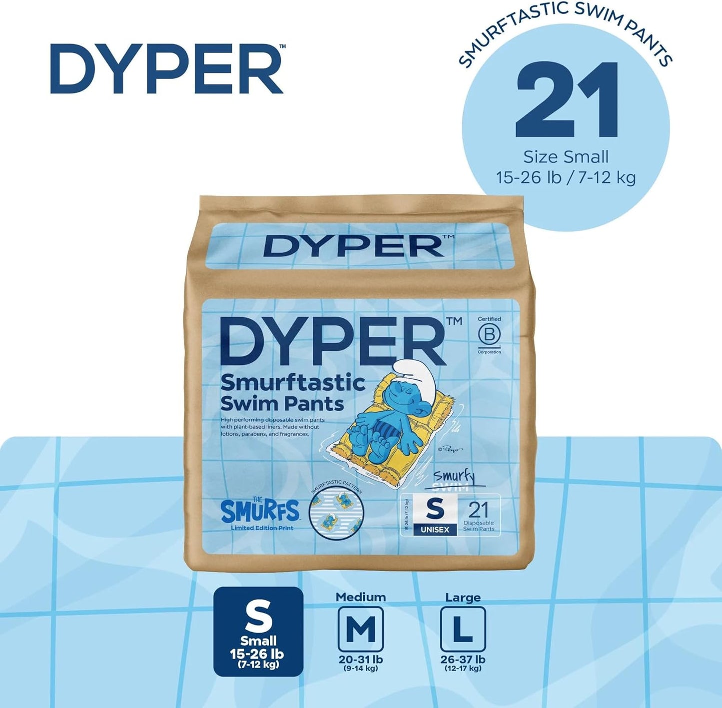 DYPER Smurftastic Baby Swim Diapers (21 Count), Hypoallergenic Plant-Based Baby Swim Diaper | Eco-Friendly & Absorbent Swimming Diapers for Babies, Size S