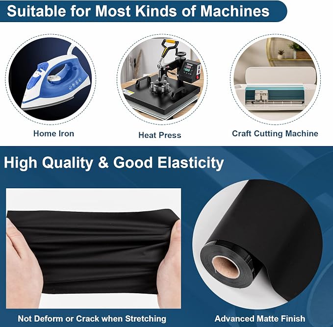 VINYL FROG Black Heat Transfer Vinyl Rolls 12" x25ft Black Iron on Vinyl | HTV