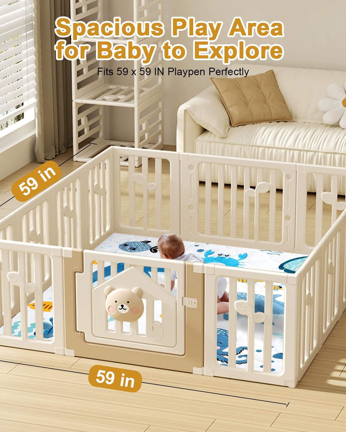 Premium Foam Baby Play Mat 59x59 – Removable & Machine Washable Cover, Extra Thick Padding Playpen Mat, Non-Slip Crawling Mat, Easy to Clean for Infants, Toddlers & Babies
