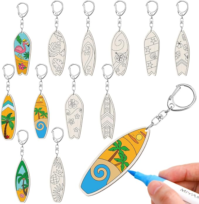 RattanView 24 Pcs Surfboard Craft Color Your Own Keychains Diy Craft Wooden