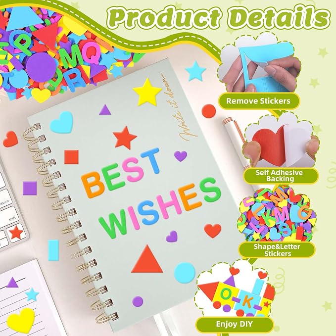 744Pcs Foam Stickers, 8Colors Foam Shape Letter Stickers